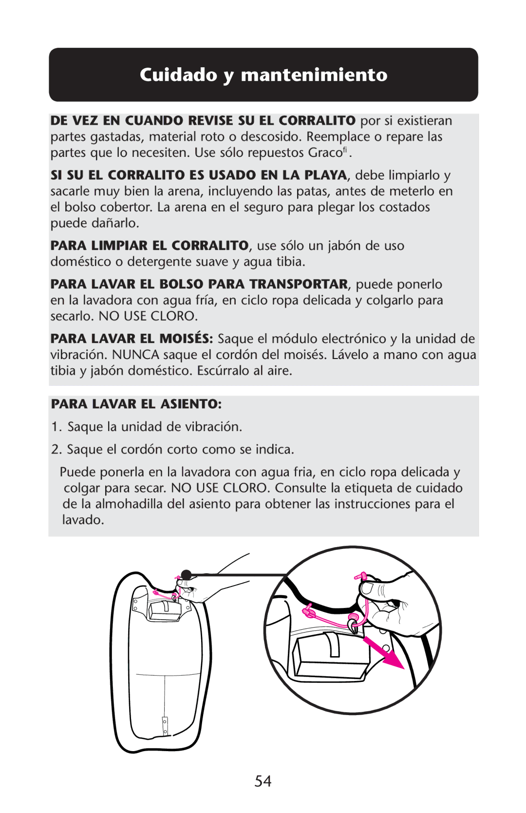 Graco PD227120B owner manual Cuidado y mantenimiento, Para Lavar EL Asiento 