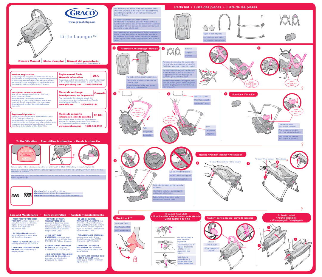 Graco PD229851B owner manual Assembly Assemblage Montaje, Vibration Vibración, Recline Position inclinée Reclinación 