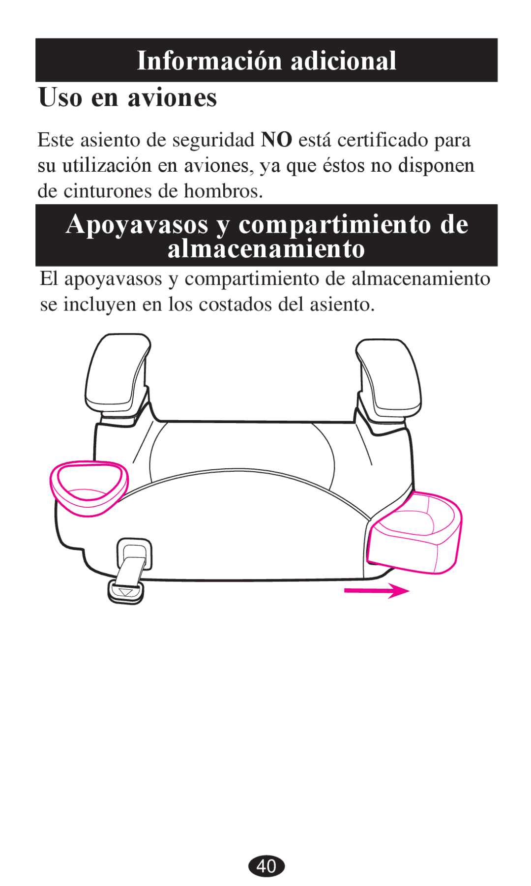 Graco PD236799A 3/13 owner manual Información adicional Uso en aviones, Apoyavasos y compartimiento de Almacenamiento 