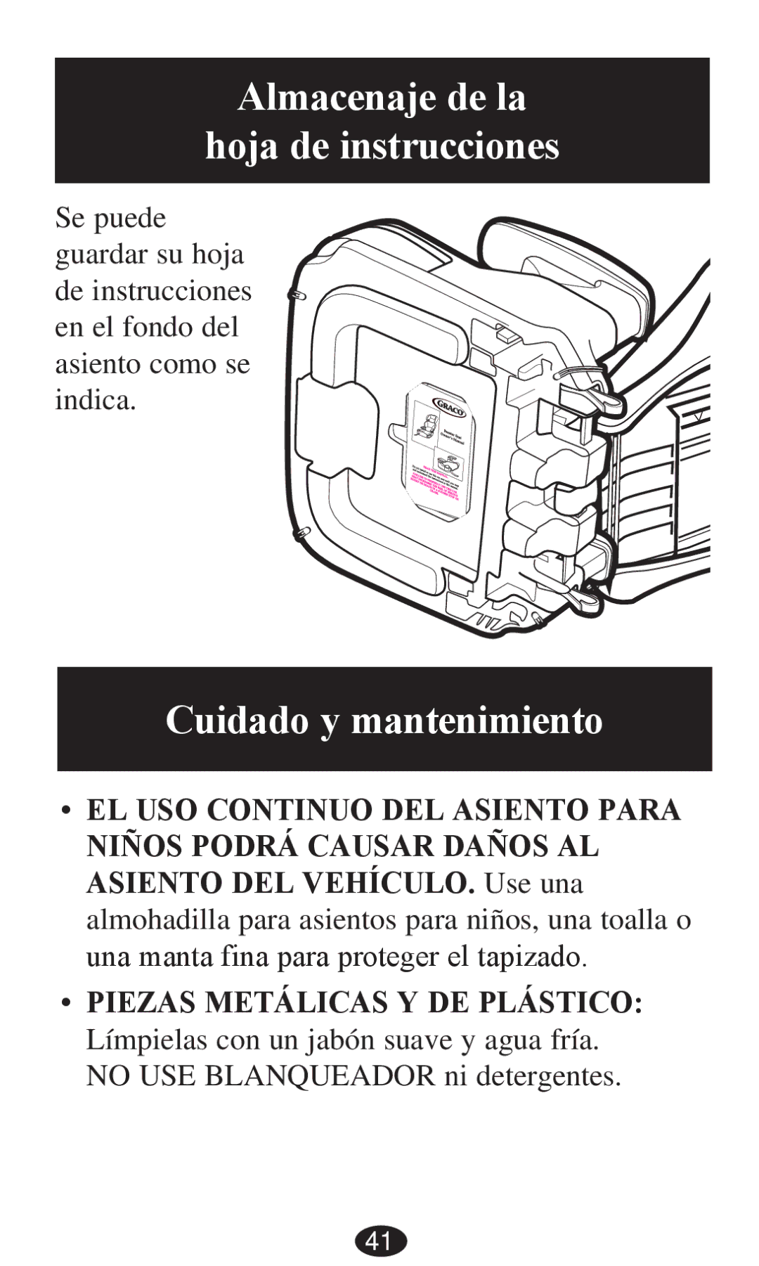 Graco PD236799A 3/13 owner manual Almacenaje de la Hoja de instrucciones, Cuidado y mantenimiento 