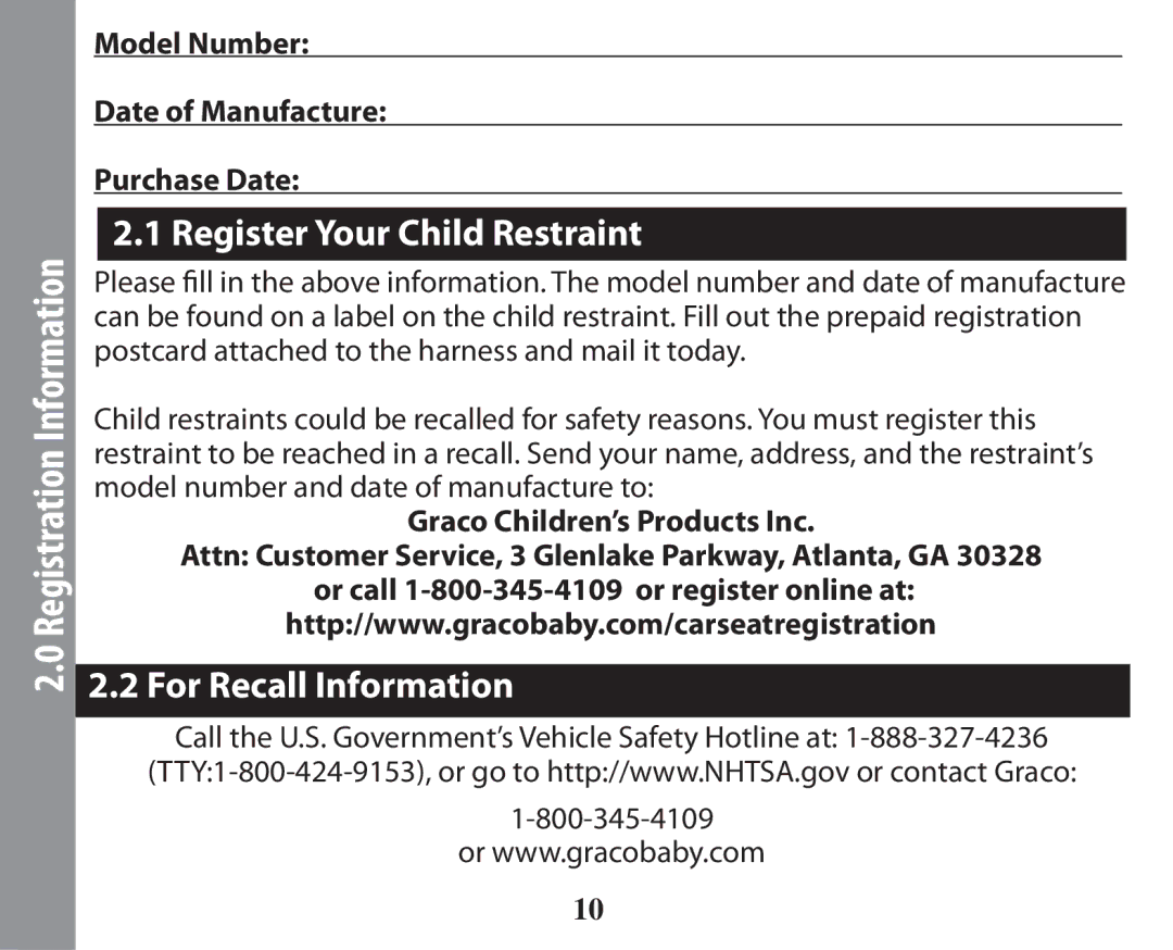 Graco PD238744A owner manual Register Your Child Restraint, For Recall Information 