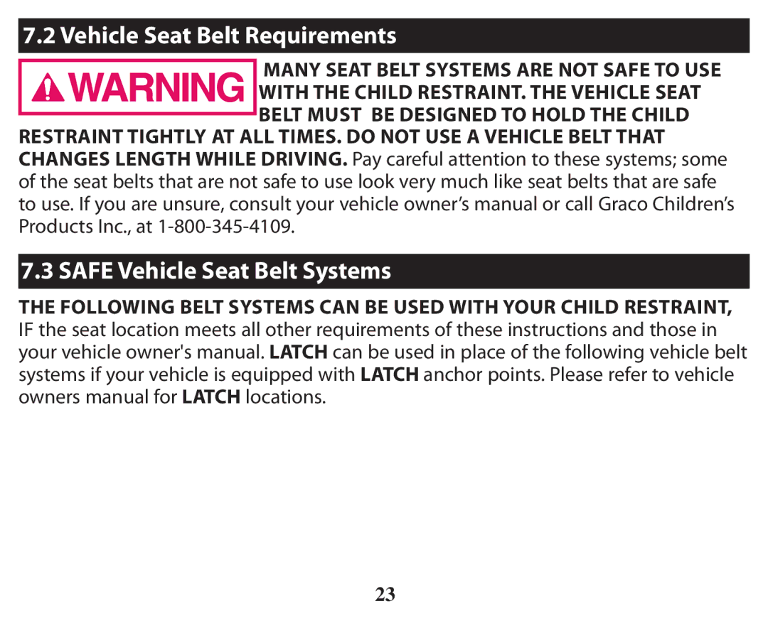 Graco PD238744A owner manual Vehicle Seat Belt Requirements, Safe Vehicle Seat Belt Systems 