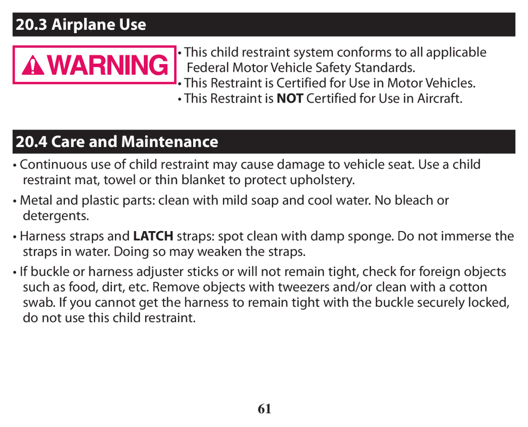 Graco PD238744A owner manual Airplane Use, Care and Maintenance 