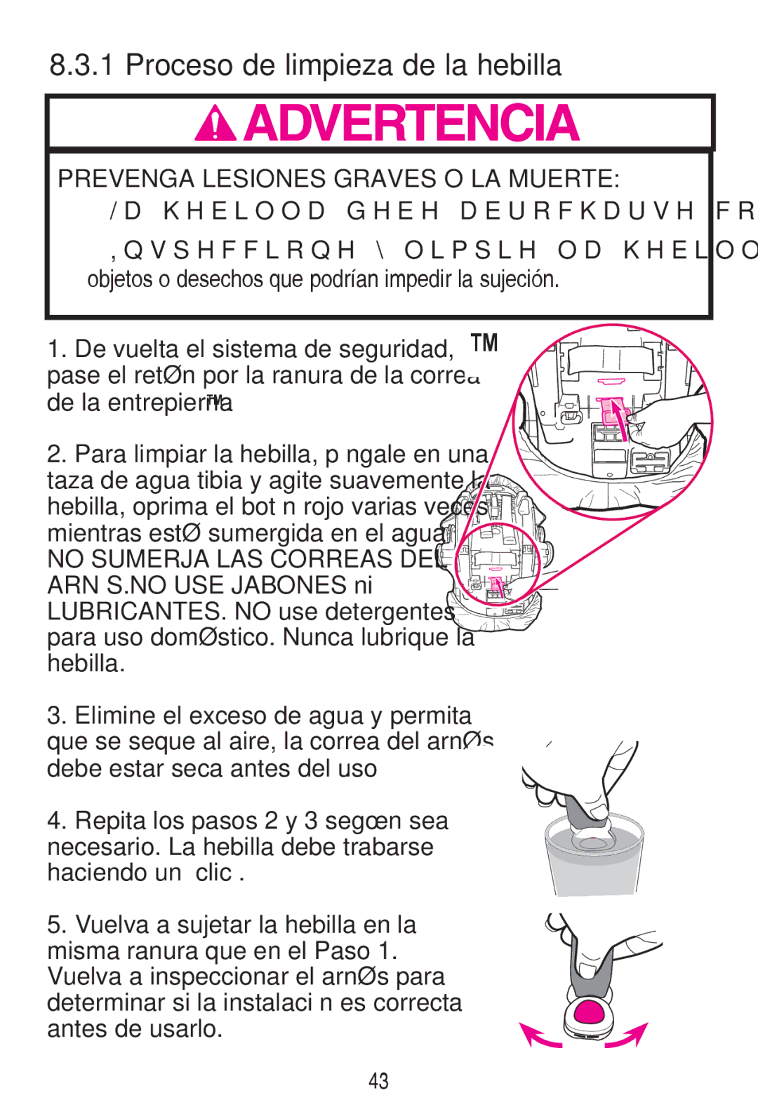 Graco PD240819A owner manual Proceso de limpieza de la hebilla, Prevenga Lesiones Graves O LA Muerte 