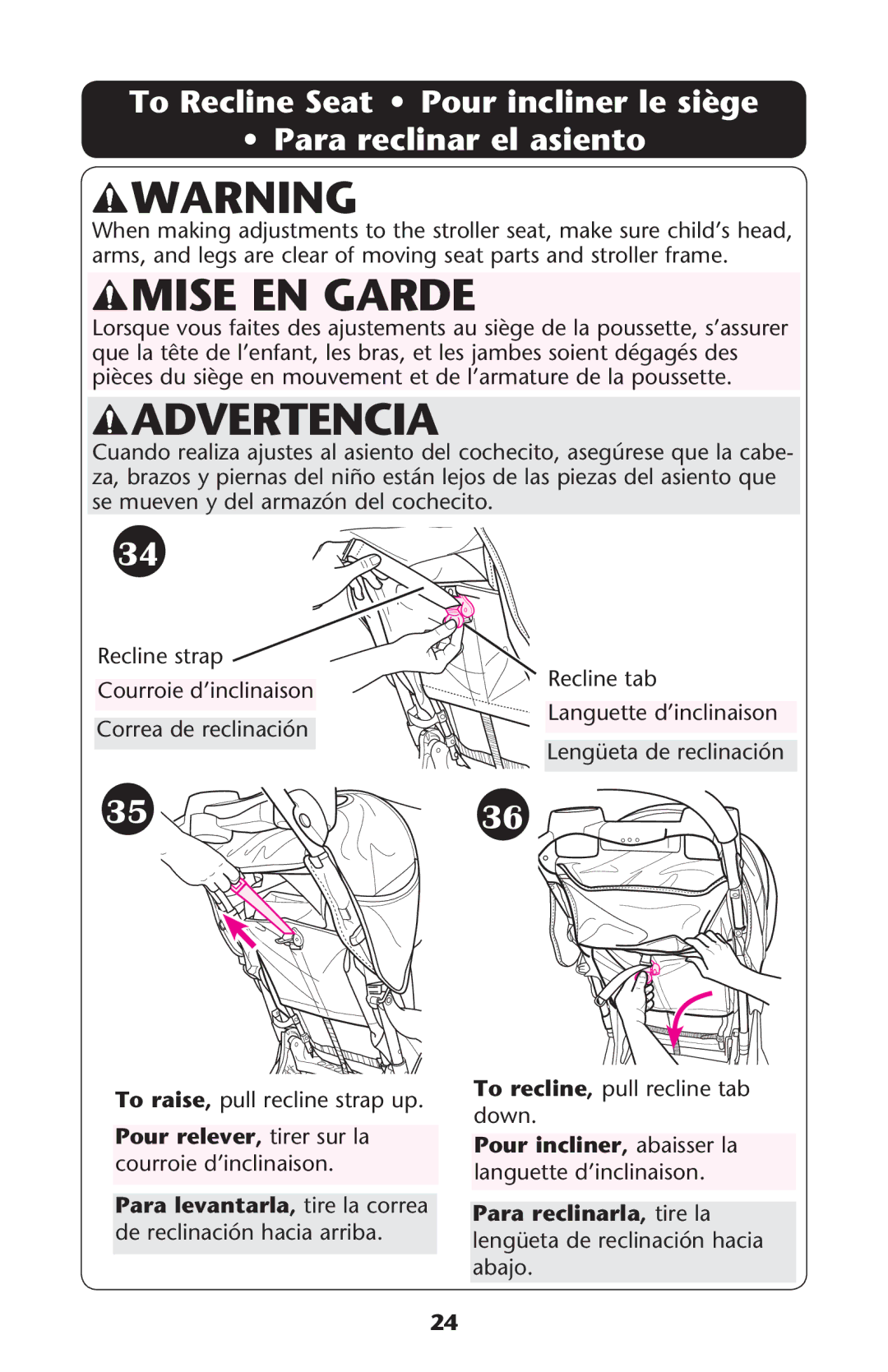 Graco PD240819A owner manual 0OUR Relever tirer sur la courroie d’inclinaison 