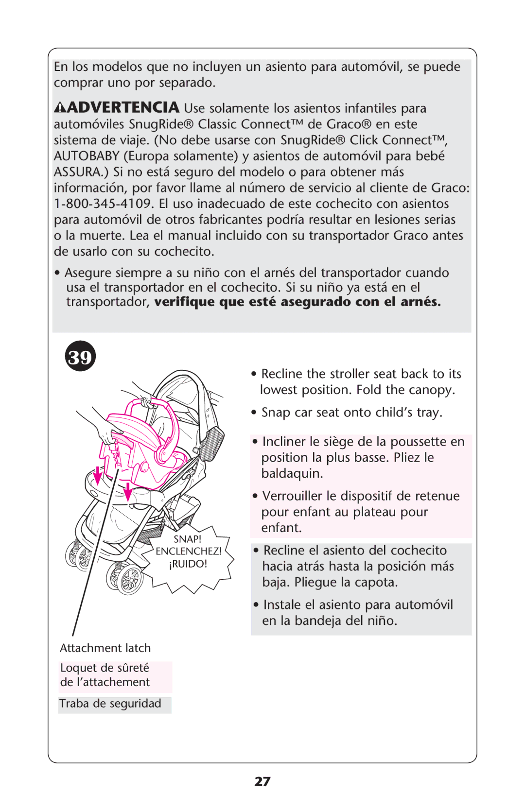 Graco PD240819A owner manual SsNSTALETEL Asientoepara Automøvilm en la bandeja del niño 