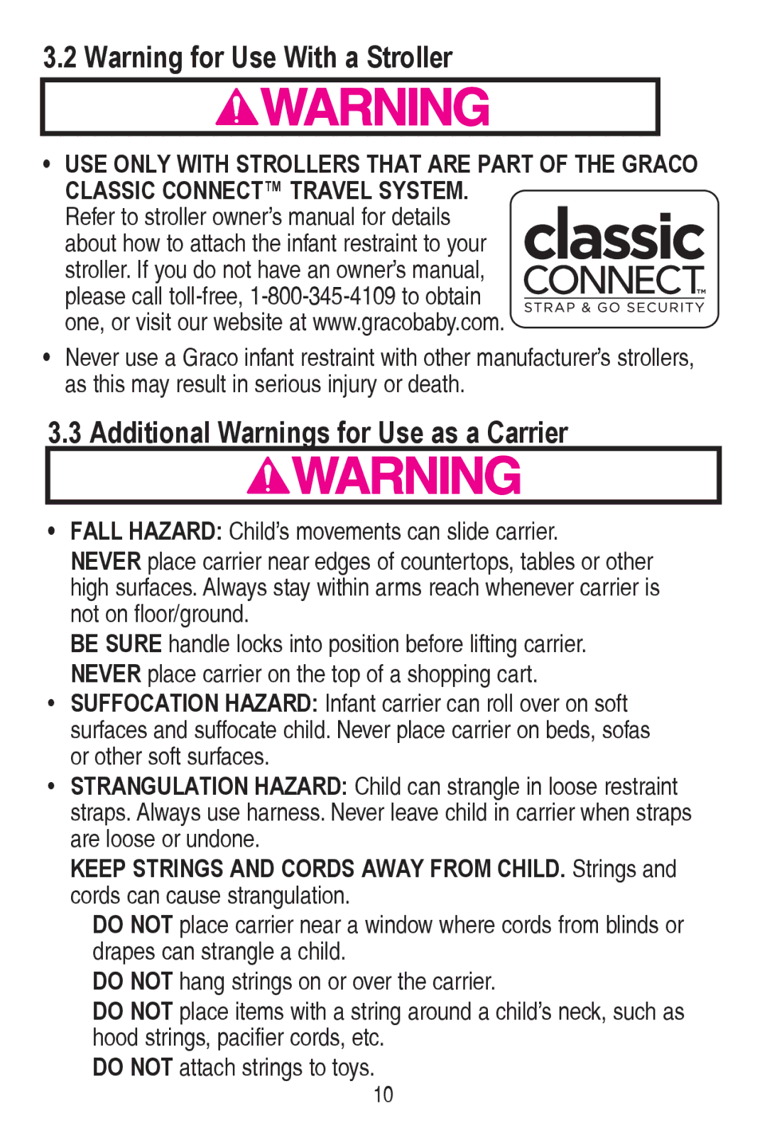 Graco PD240819A Additional Warnings for Use as a Carrier, RuRwkhuVriwVxuidfhv, Do NOTDWWDFKVWULQJVWRWR\V 