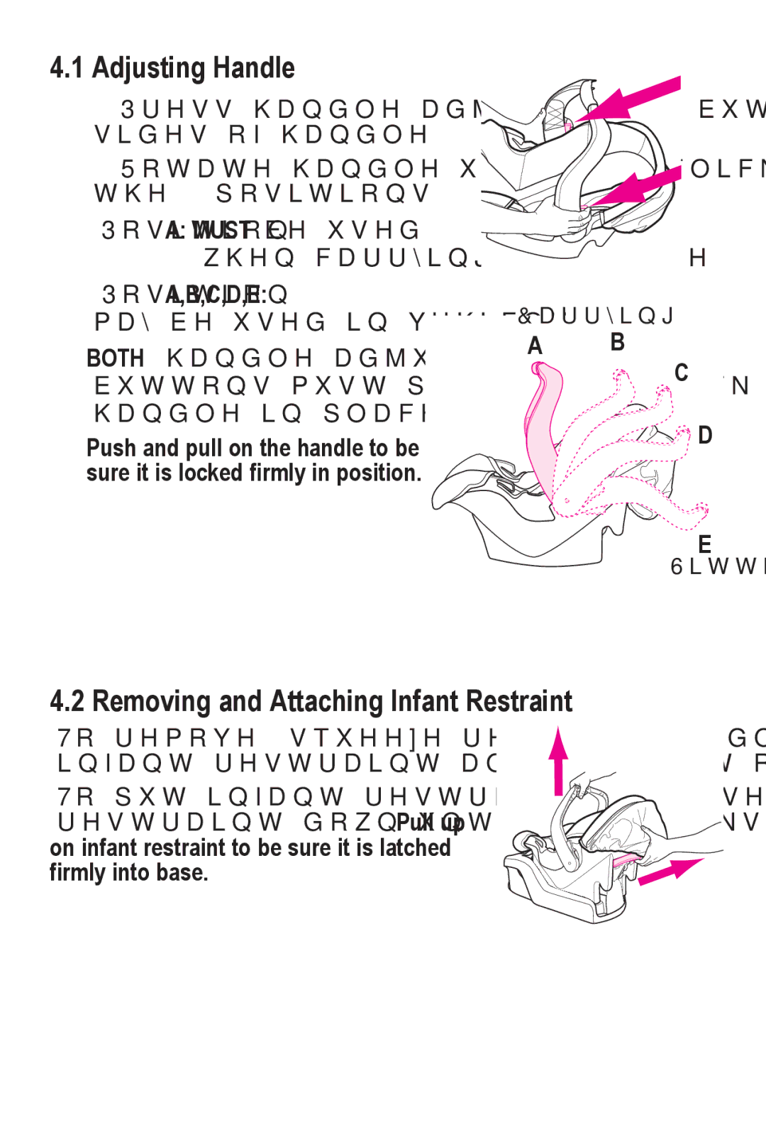 Graco PD240819A owner manual Adjusting Handle, Removing and Attaching Infant Restraint,  3RVLWLRQA Must EHXVHG 