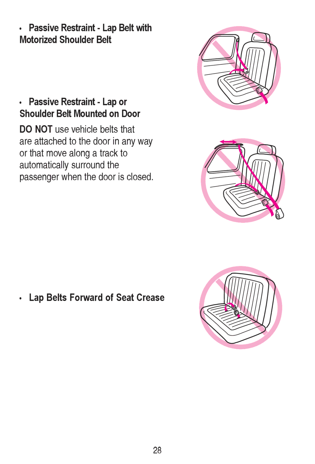 Graco PD240819A owner manual Passive Restraint Lap Belt with Motorized Shoulder Belt, Lap Belts Forward of Seat Crease 