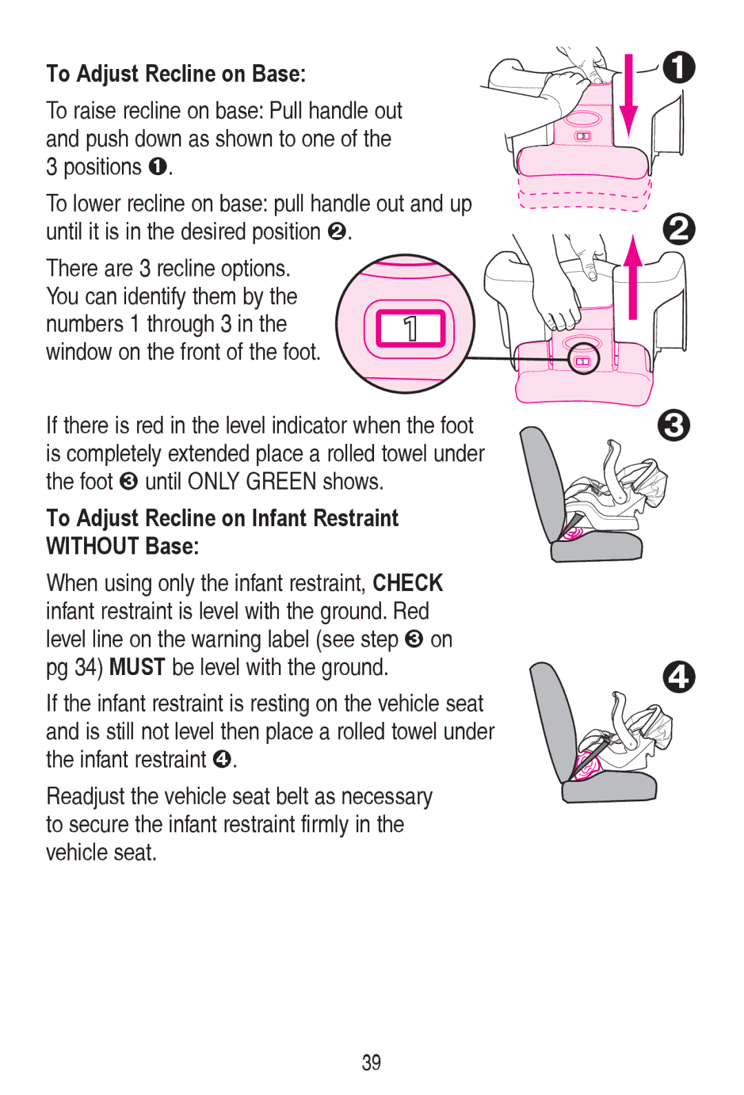 Graco PD240819A owner manual To Adjust Recline on Base, To Adjust Recline on Infant Restraint Without Base, YhklfohVhdw 