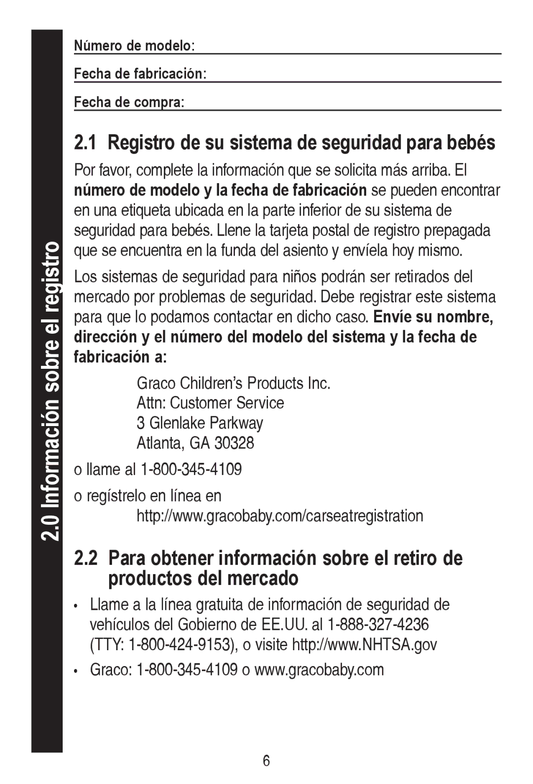 Graco PD240819A owner manual Información sobre el registro, Registro de su sistema de seguridad para bebés 