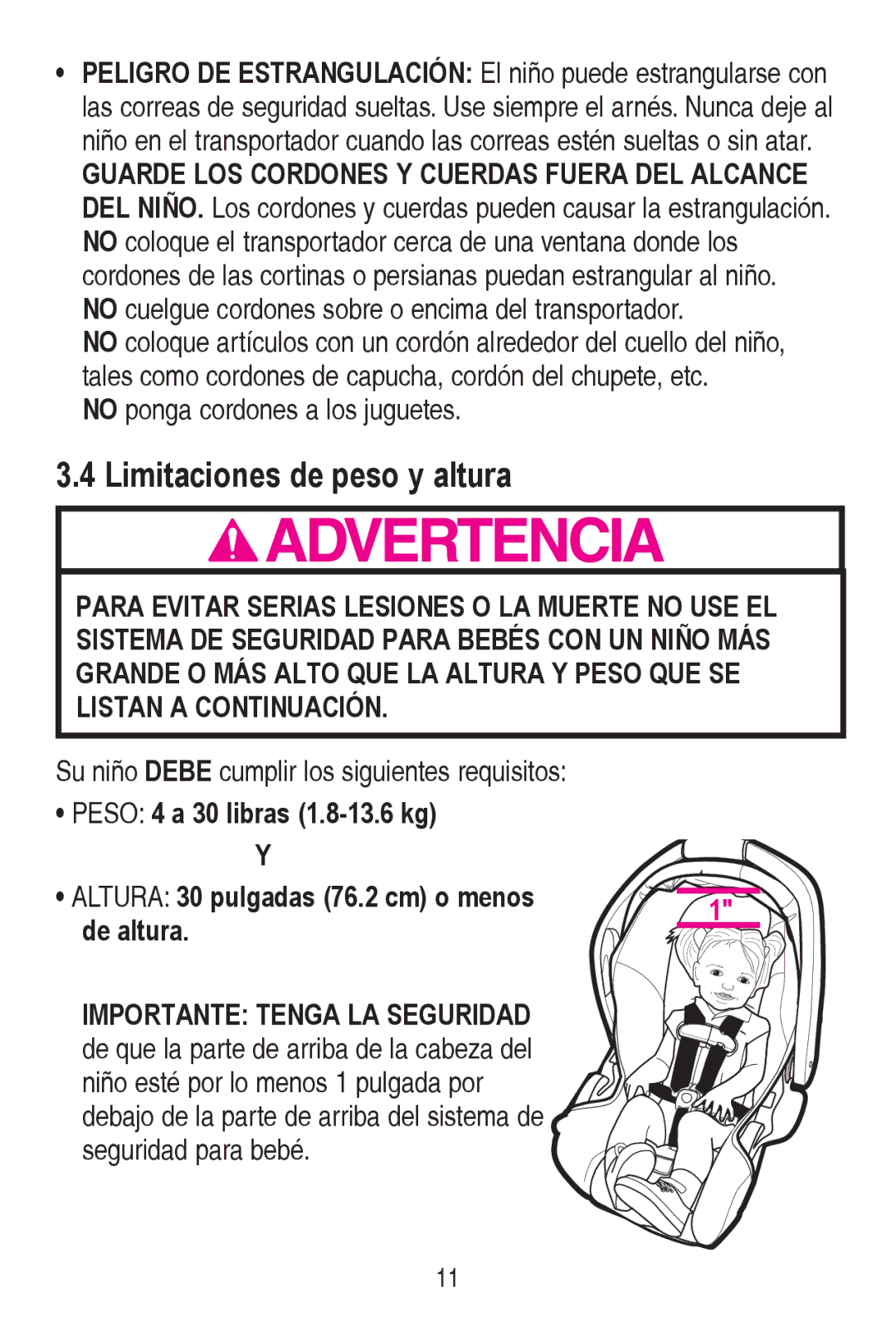 Graco PD240819A owner manual Limitaciones de peso y altura, Guarde LOS Cordones Y Cuerdas Fuera DEL Alcance 