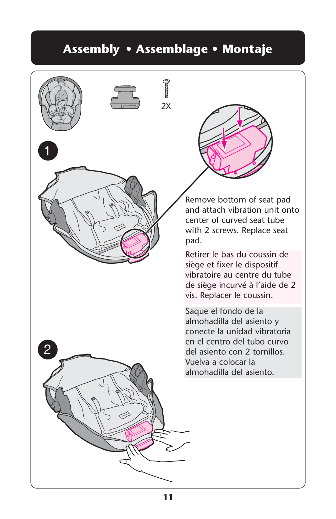 Graco PD245623B owner manual Ssembly ss!SSEMBLAGE ss-ONTAJE, Saque el fondo de la almohadilla del asiento y 