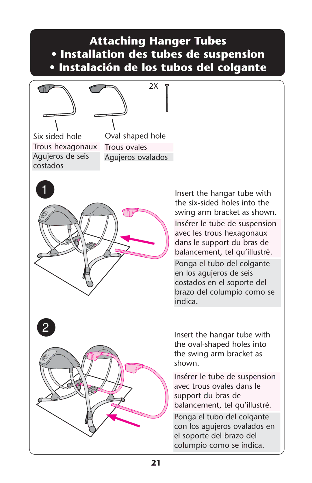 Graco PD245623B owner manual Attaching Hanger Tubes, 4ROUS Ovales, Brazoadelecolumpio Como SE indica 