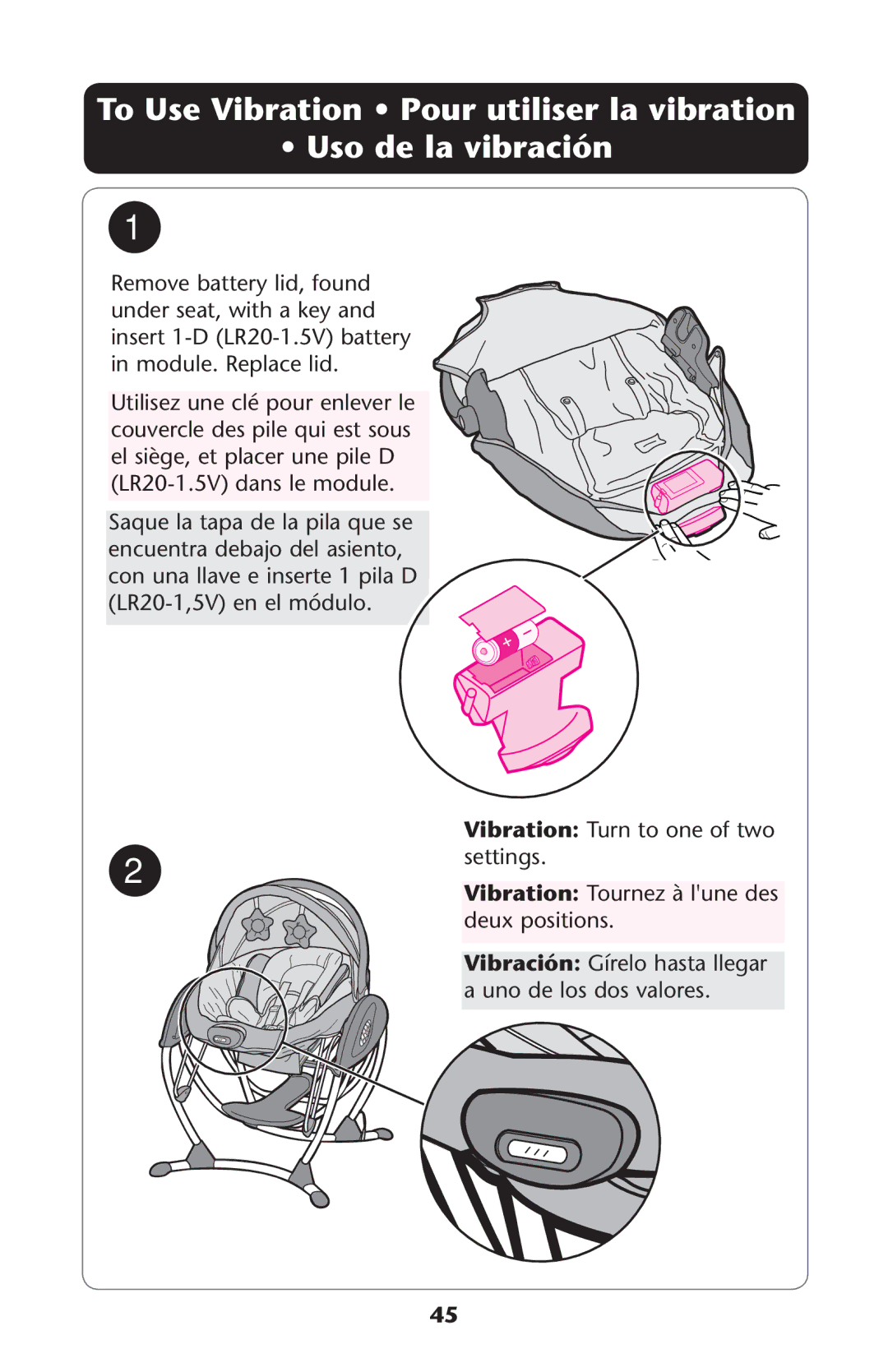 Graco PD245623B Ss5SOSDE LA Vibraciøn, Saque la tapa de la pila que se, Vibration 4URNRTO Onenof Twow SETTINGS 