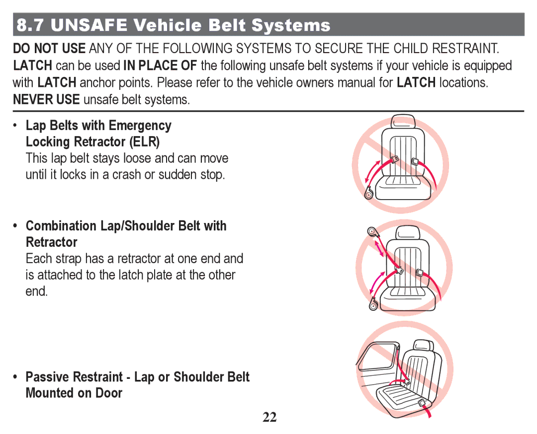 Graco PD246612A owner manual Unsafe Vehicle Belt Systems, ‡ Lap Belts with Emergency Locking Retractor ELR 