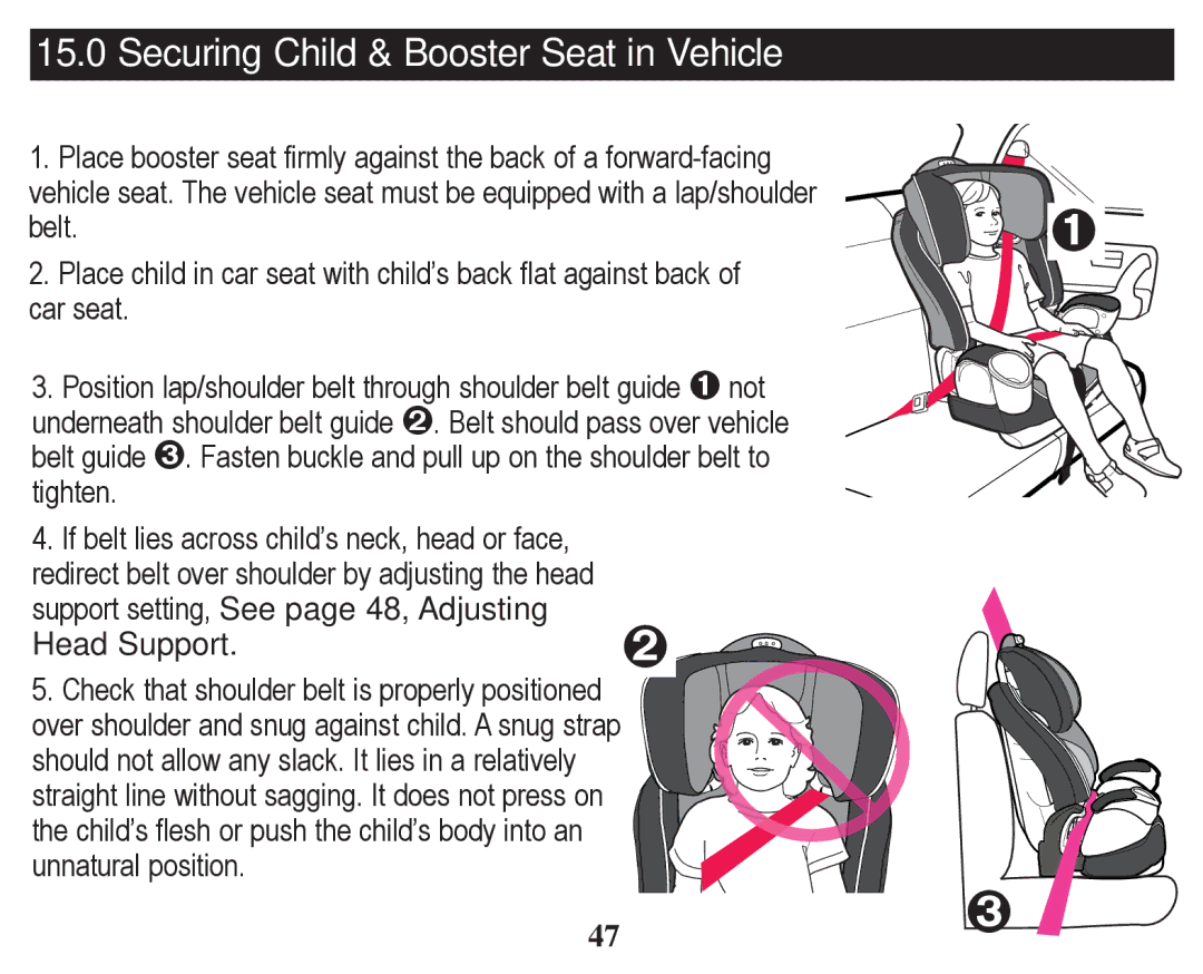 Graco PD246612A owner manual Securing Child & Booster Seat in Vehicle, Support setting See page 48, Adjusting Head Support 