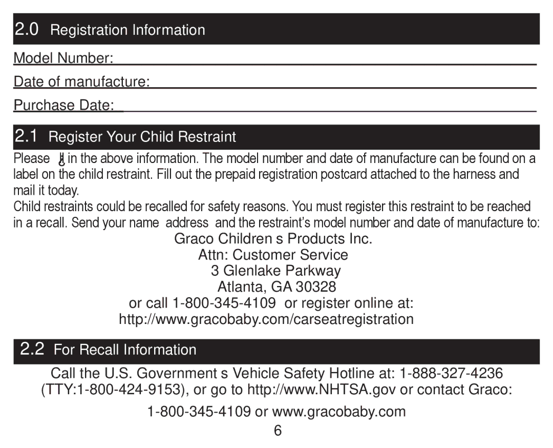 Graco PD246612A owner manual Model Number Date of manufacture Purchase Date, Register Your Child Restraint 