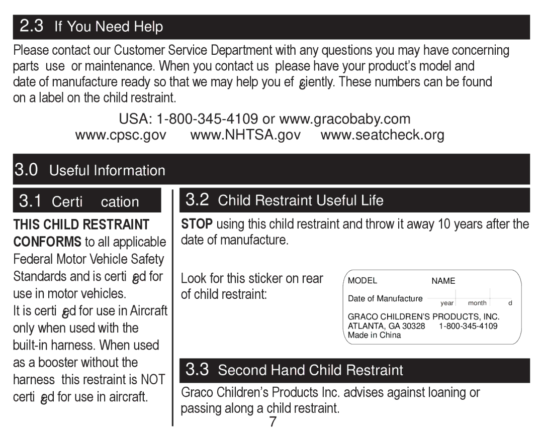 Graco PD246612A owner manual Useful Information CertiÀcation 