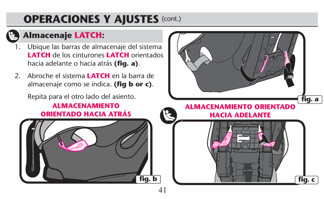 Graco PD247308A owner manual Almacenaje Latch, 2EPITA Paraael Otrorlado DEL ASIENTO, ﬁg. b ﬁg. a 