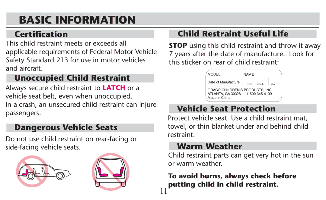 Graco PD247308A Basic Information, Certiﬁcation Child Restraint Useful Life, Unoccupied Child Restraint, Warm Weather 