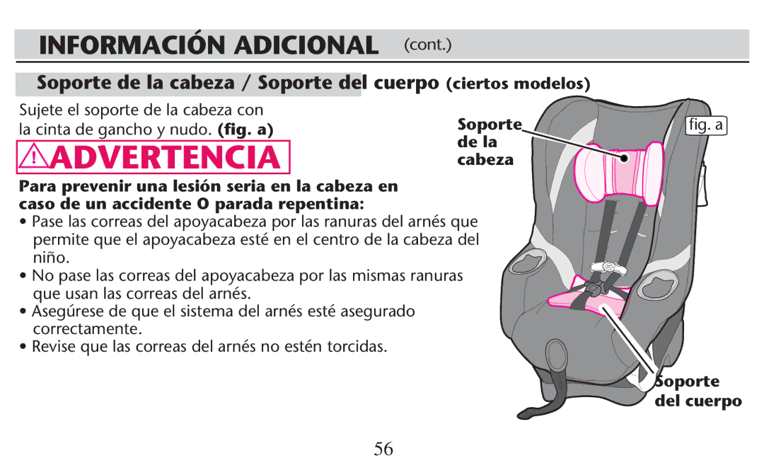 Graco PD247308A owner manual Soporte de la cabeza / Soporte del cuerpo ciertos modelos, La cinta de gancho y nudo. ﬁg. a 