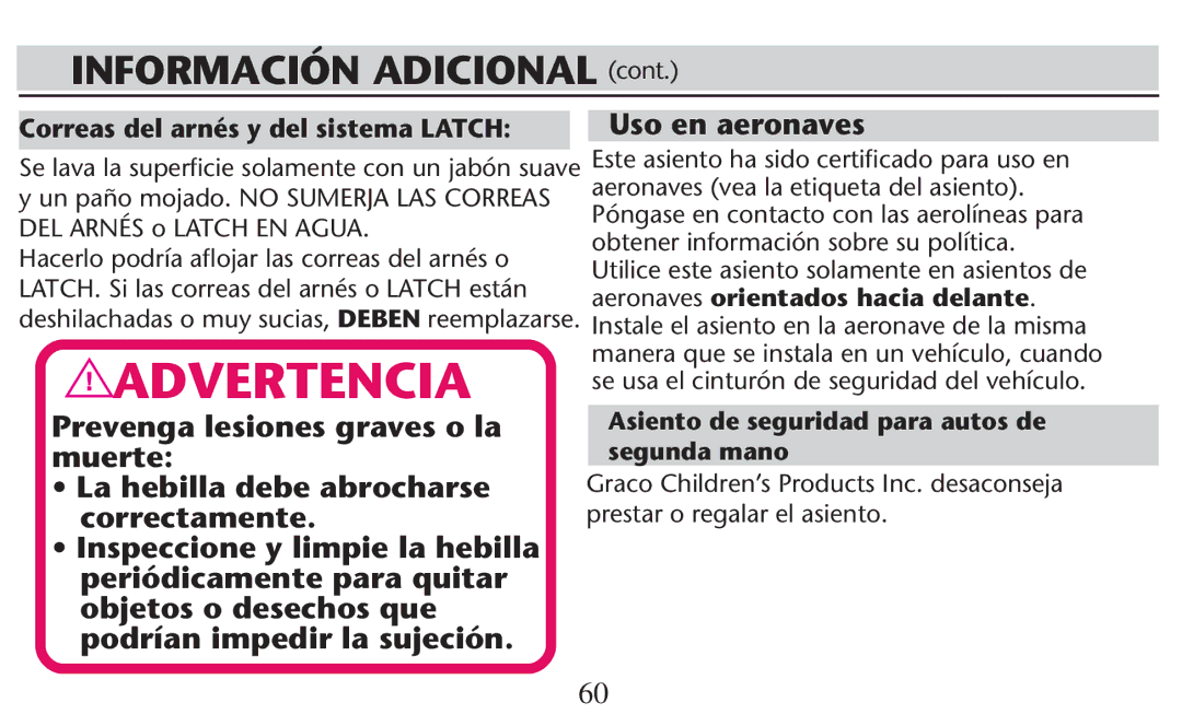 Graco PD247308A owner manual Prevenga lesiones graves o la muerte, Aeronaves orientados hacia delante 