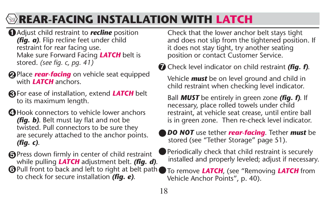 Graco PD247308A REAR-FACING Installation with Latch, To ITS Maximum LENGTH, Ball Must be entirely in green zone ﬁg. f. If 