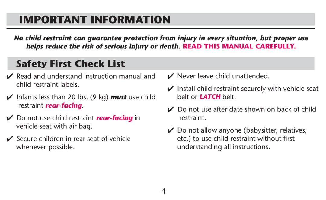 Graco PD247308A owner manual Important Information, Vehicle Seatiwith AIR BAG, .Evervleave Childaunattended 