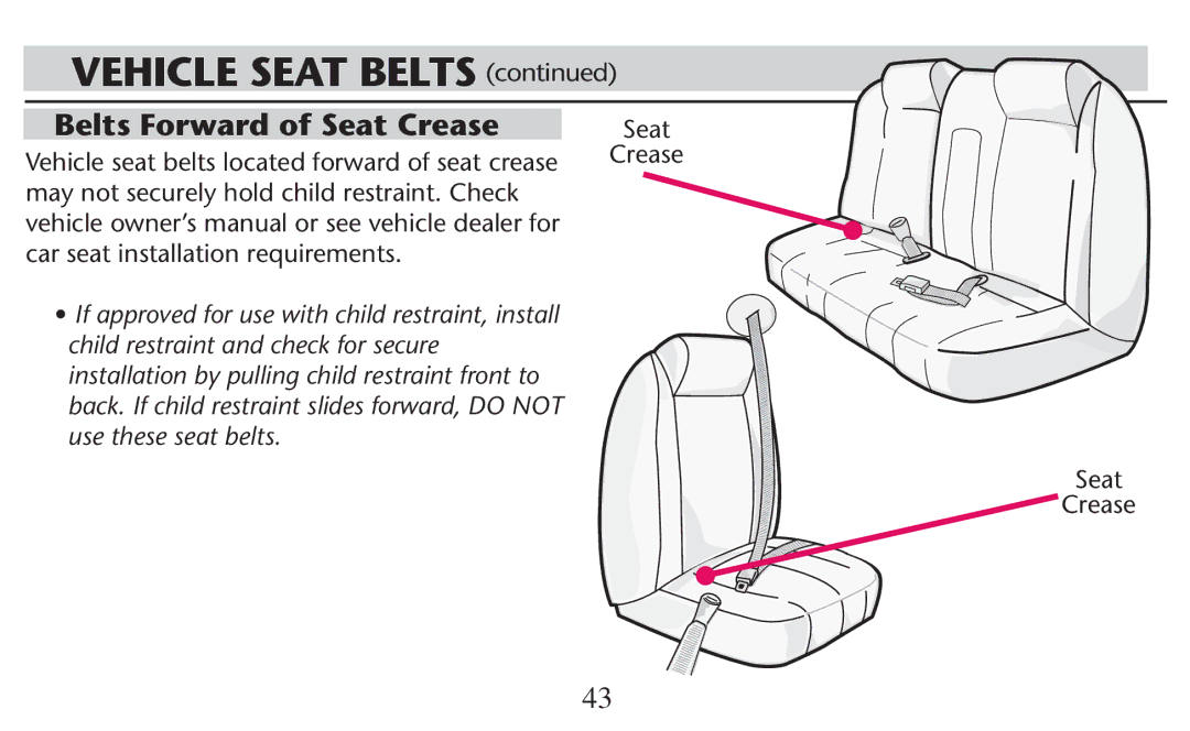 Graco PD247308A owner manual Belts Forward of Seat Crease, Vehicle seat belts located forward of seat crease 