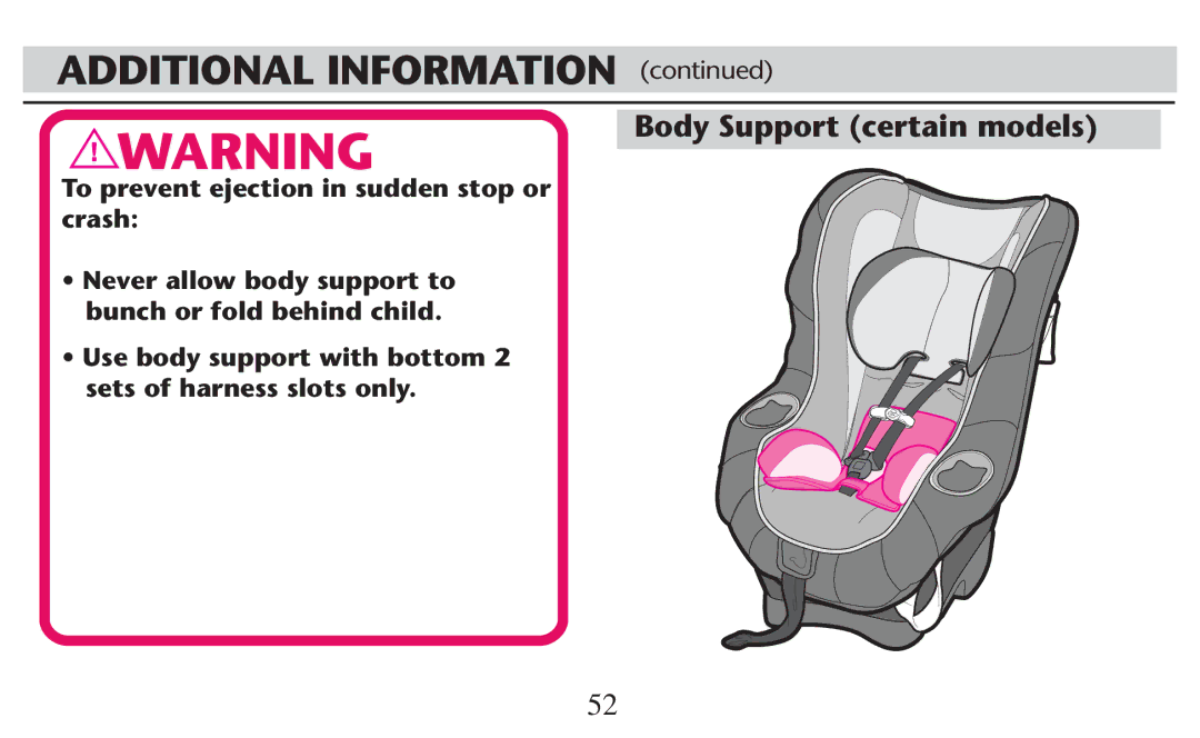 Graco PD247308A Additional Information , Body Support certain models, To prevent ejection in sudden stop or crash 