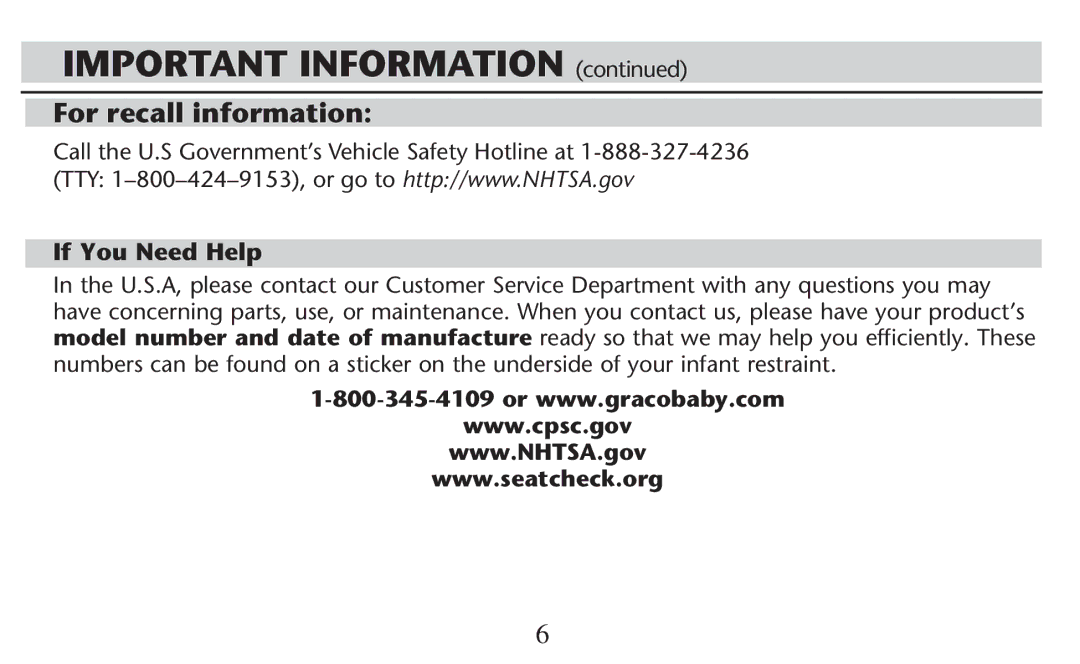 Graco PD247308A owner manual For recall information, If You Need Help 