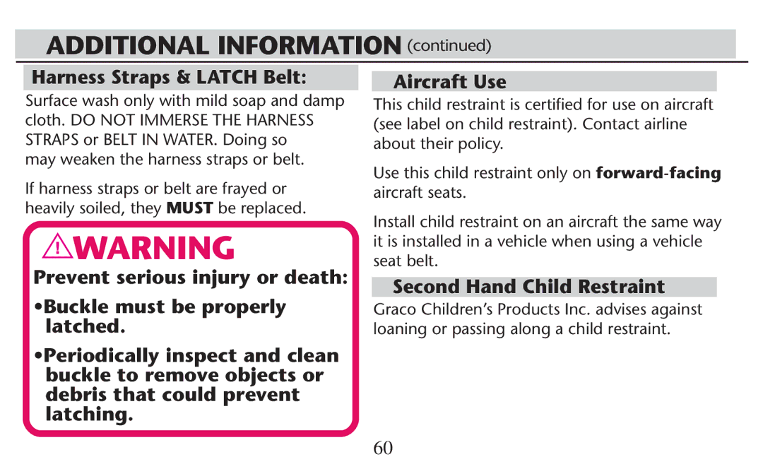 Graco PD247308A owner manual Harness Straps & Latch Belt, Aircraft Use, Second Hand Child Restraint 