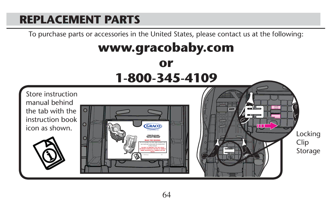 Graco PD247308A owner manual Replacement Parts, Ocking, Clip Storage 