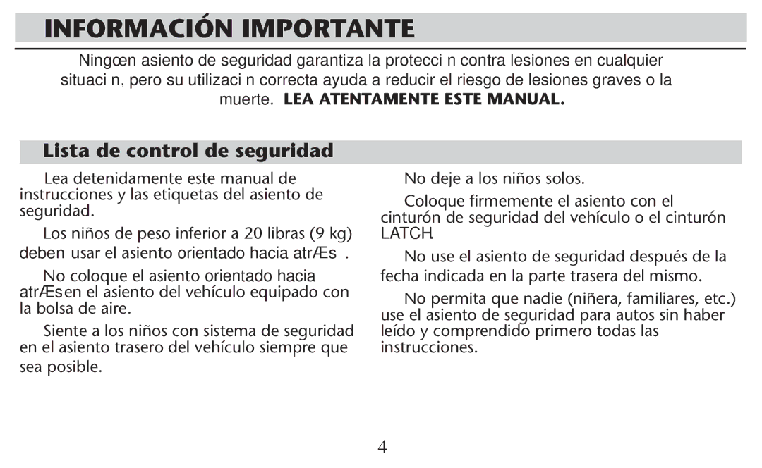 Graco PD247308A owner manual Información Importante, Lista de control de seguridad 