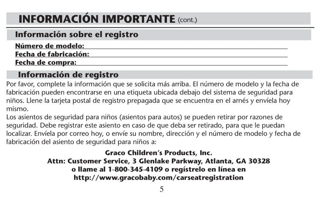 Graco PD247308A owner manual Información Importante CONT, Información sobre el registro, Información de registro 