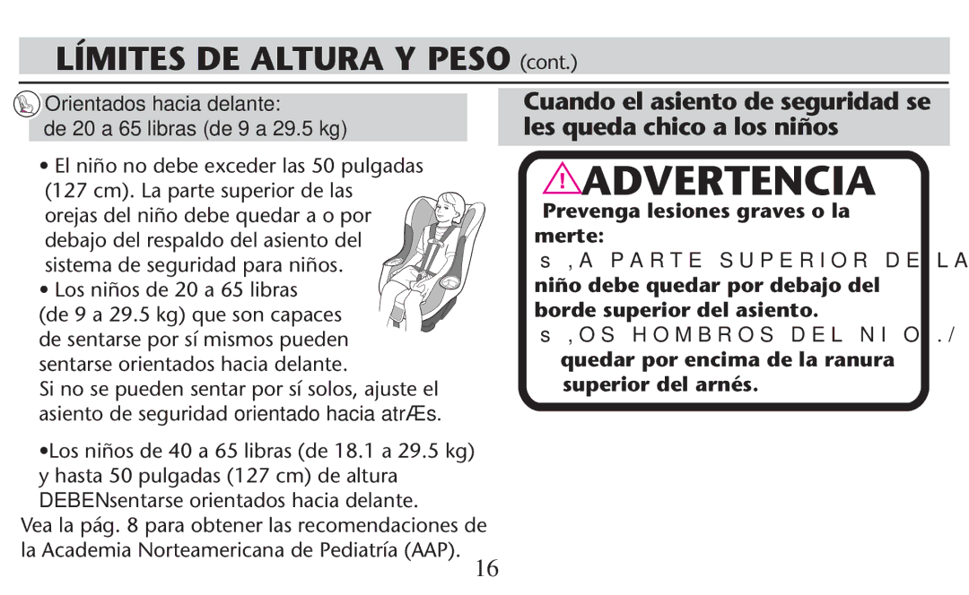 Graco PD247308A owner manual Límites DE Altura Y Peso CONT, OS NI×OS DE  a OLIBRAS 