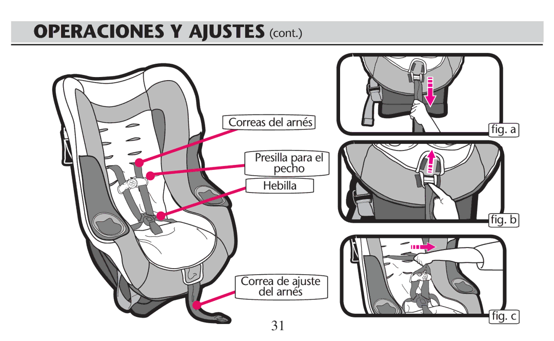 Graco PD247308A owner manual Operaciones Y Ajustes CONT, Correas del arnés, 0RESILLA Paralel, Pecho 