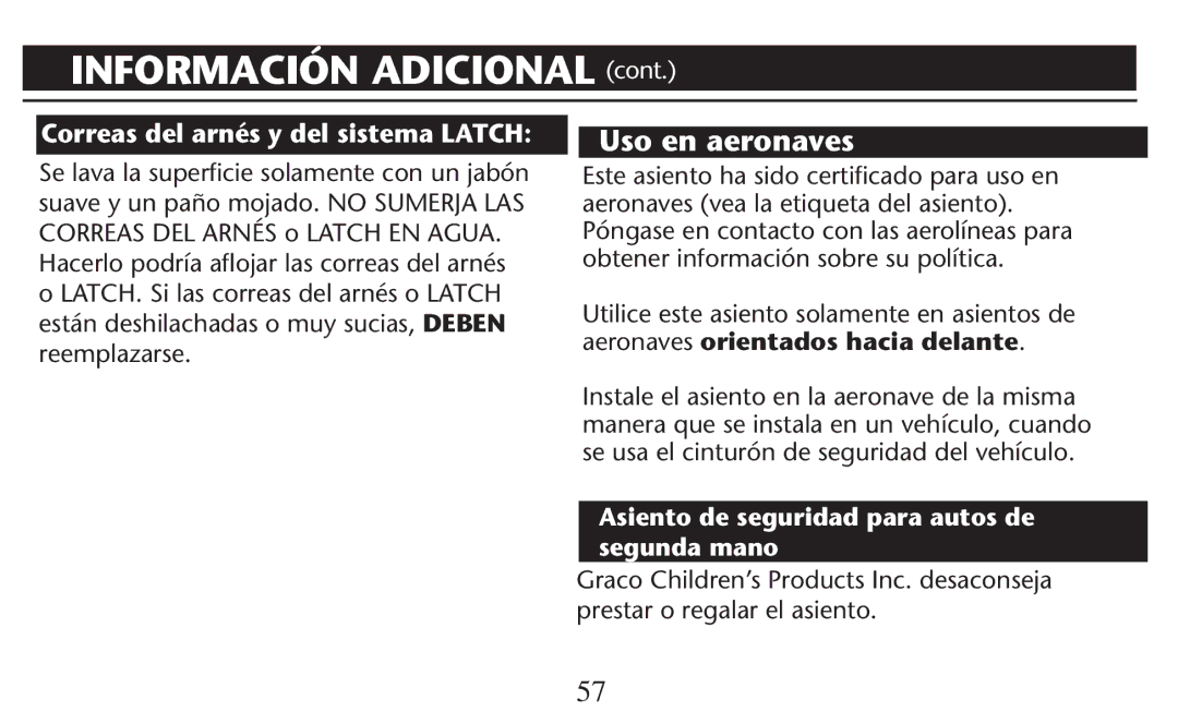 Graco PD247310A owner manual Uso en aeronaves, Este asiento ha sido certiﬁcado para uso en 