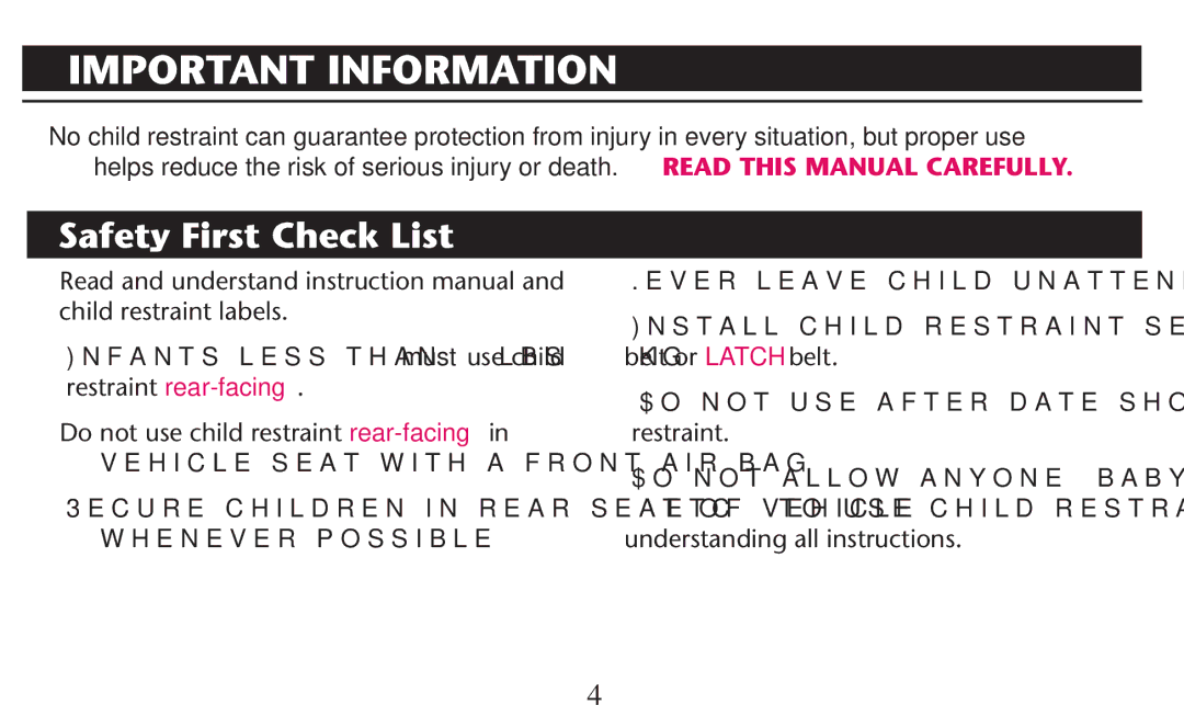 Graco PD247310A owner manual Important Information, .Evervleave Childaunattended 