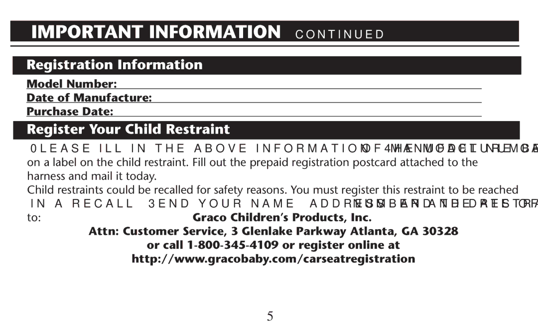 Graco PD247310A owner manual Important Information , Registration Information, Register Your Child Restraint 