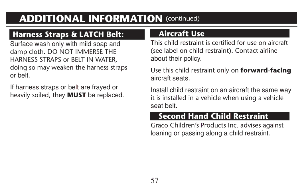 Graco PD247310A owner manual Harness Straps & Latch Belt, Aircraft Use, Second Hand Child Restraint 