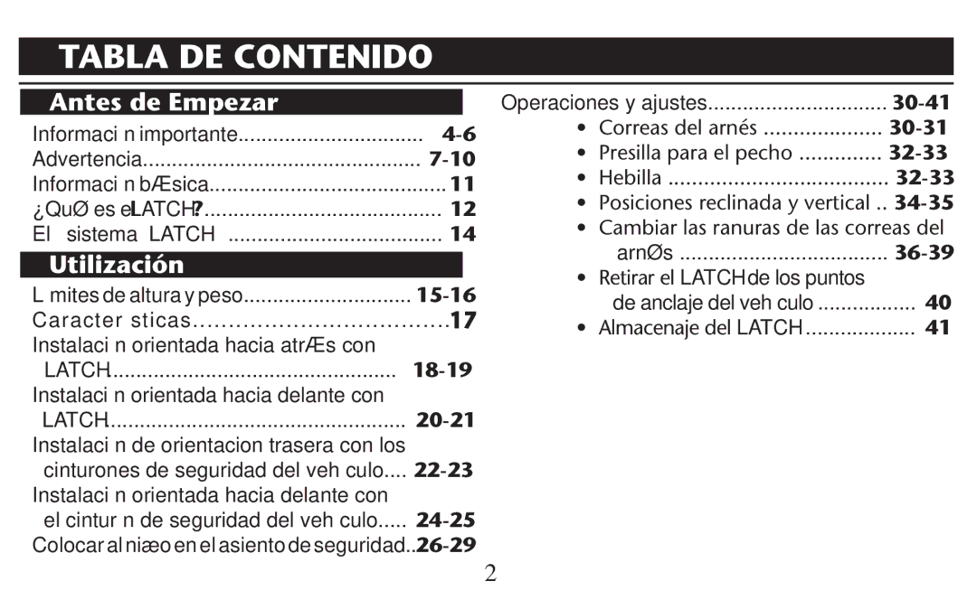 Graco PD247310A owner manual Tabla DE Contenido, Antes de Empezar, Utilización, 2ETIRARIEL Latch de los puntos 