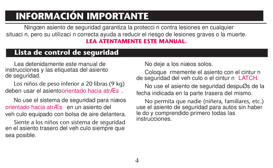 Graco PD247310A Información Importante, Lista de control de seguridad, No use el sistema de seguridad para niños 