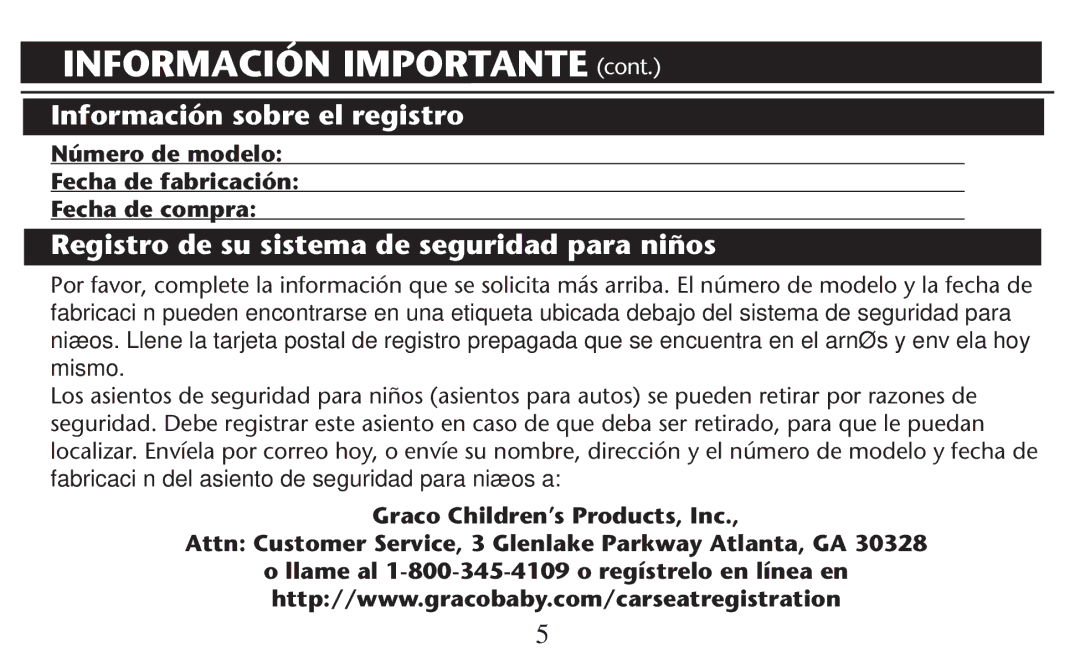 Graco PD247310A owner manual Información Importante CONT, Información sobre el registro 