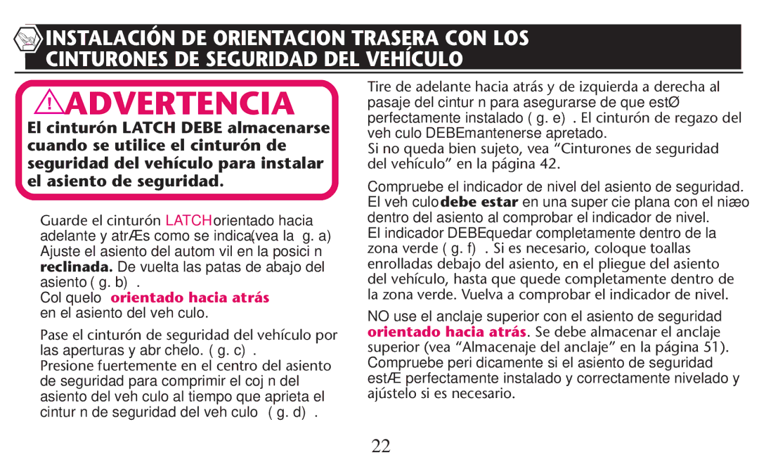 Graco PD247310A owner manual Colóquelo orientado hacia atrás en el asiento del vehículo 