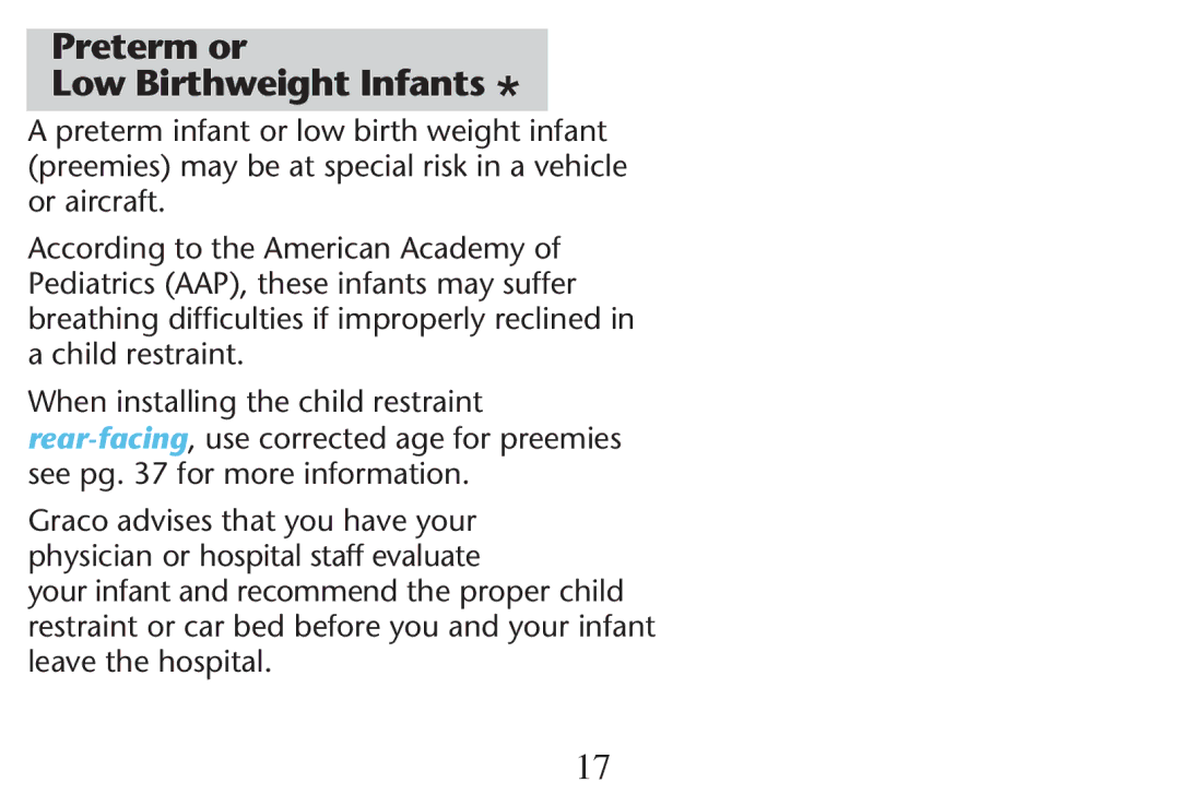 Graco PD247311A owner manual Preterm or Low Birthweight Infants, Leaveatheehospital 