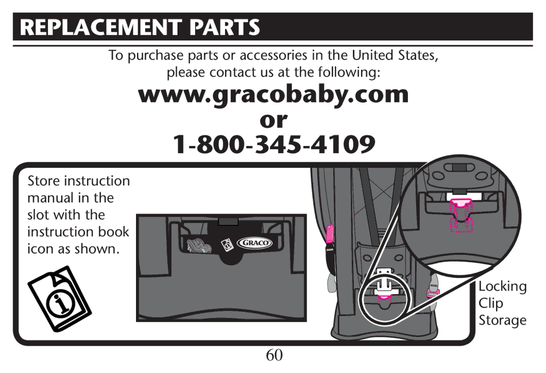 Graco PD247311A owner manual Replacement Parts, Please contact us at the following, Ocking, Clip Storage 