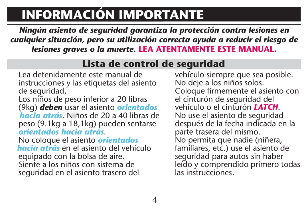 Graco PD247311A owner manual Información Importante, Lista de control de seguridad, .O Permita QUE Nadie NI×ERA 