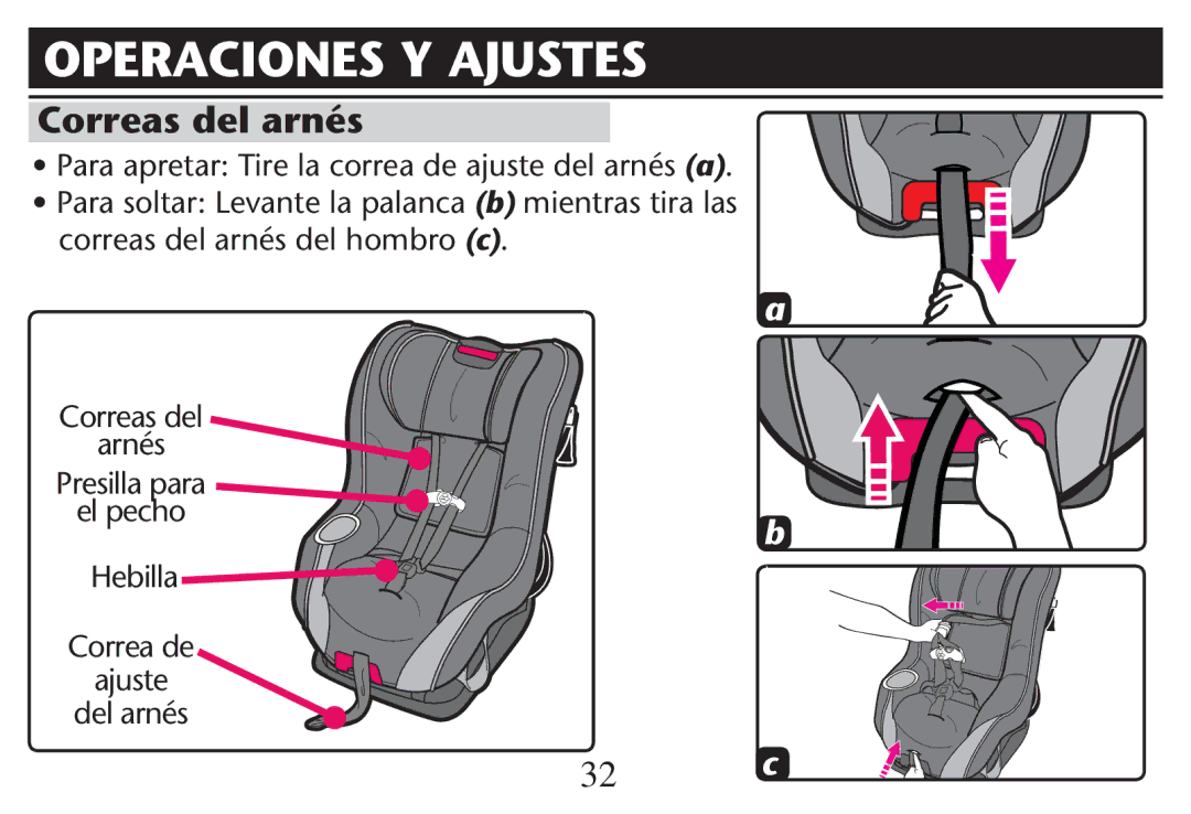 Graco PD247311A owner manual Operaciones Y Ajustes, Correas del arnés, 0RESILLA Para, El pecho 